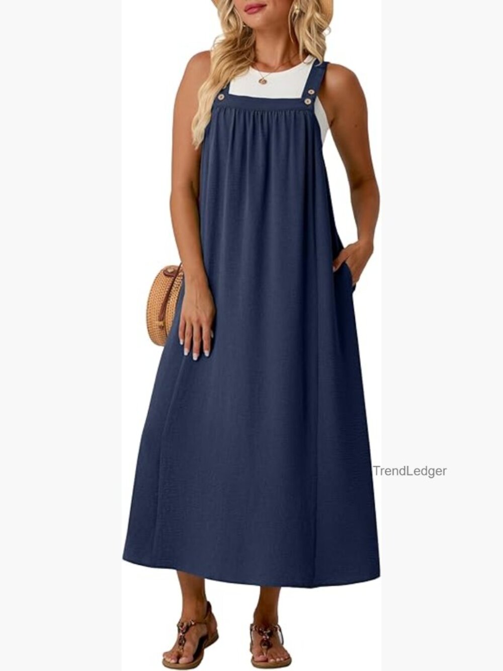 Adjustable Strap Boho Overall Dress with Pockets Midi Length